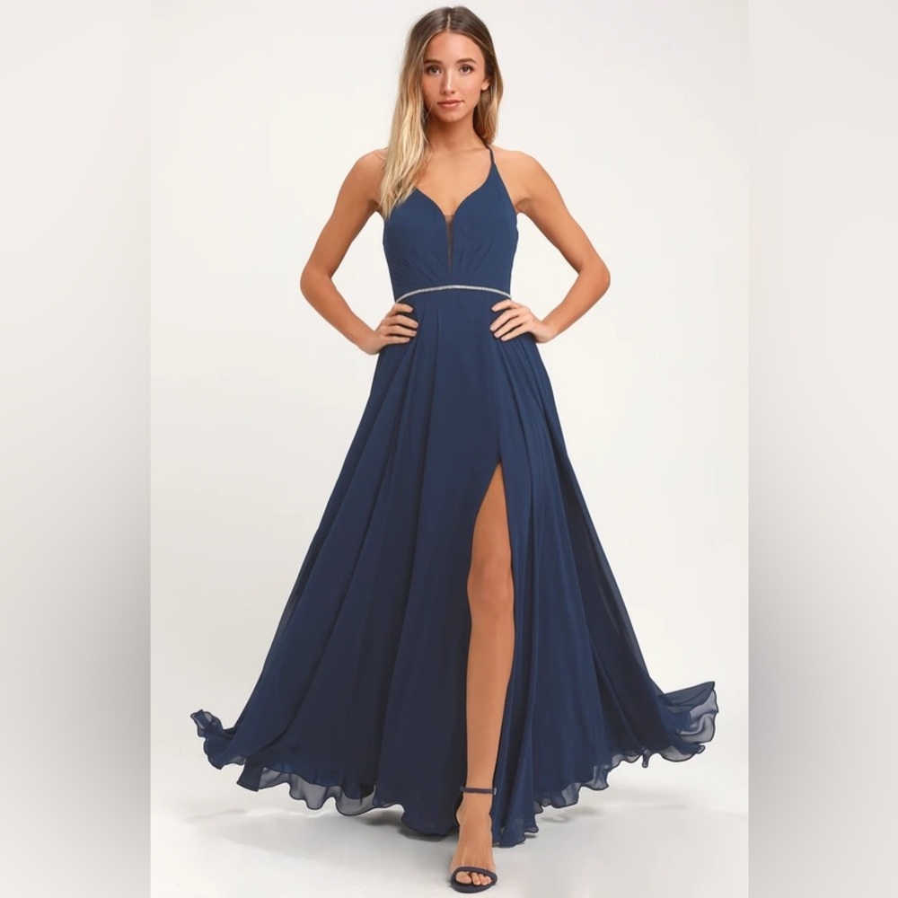 She's Gorgeous Navy Blue Lace-Up Rhinestone Maxi Dress PROM DRESS